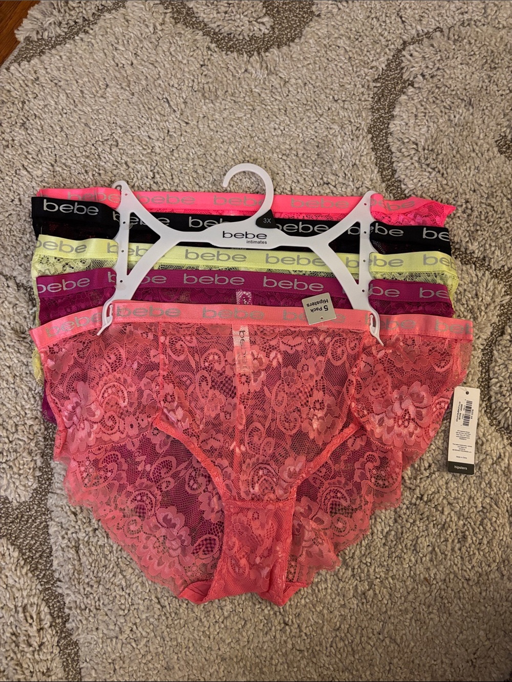 bebe Lace Hipsters Panties 6-Pack - Neon Pink, Black, Yellow, Purple, Coral